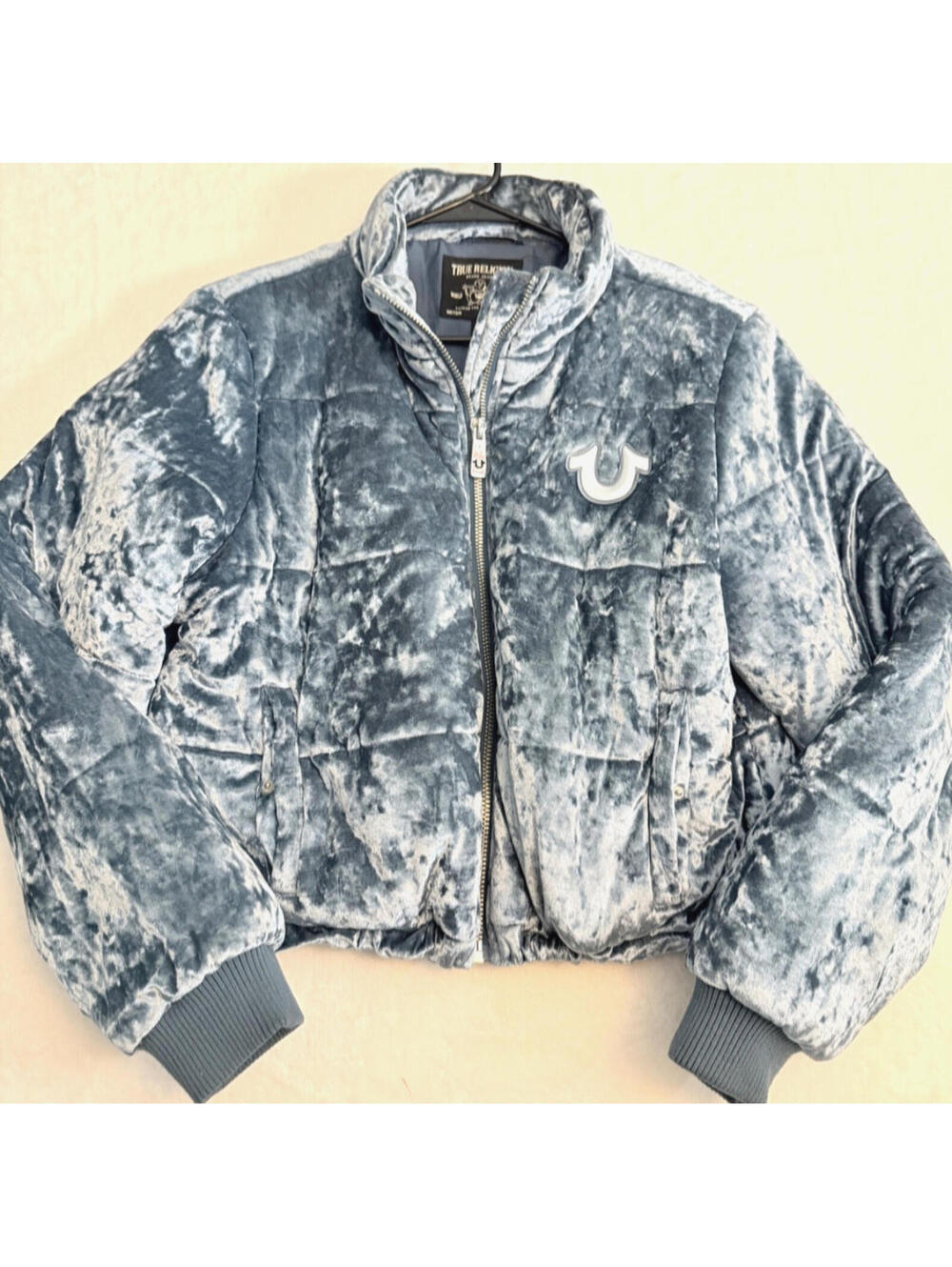 True Religion Velvet Puffer Jacket Womens XL Blue Cropped Quilted Coat